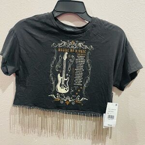 Black 'House of Music' Fringe Crop Tee